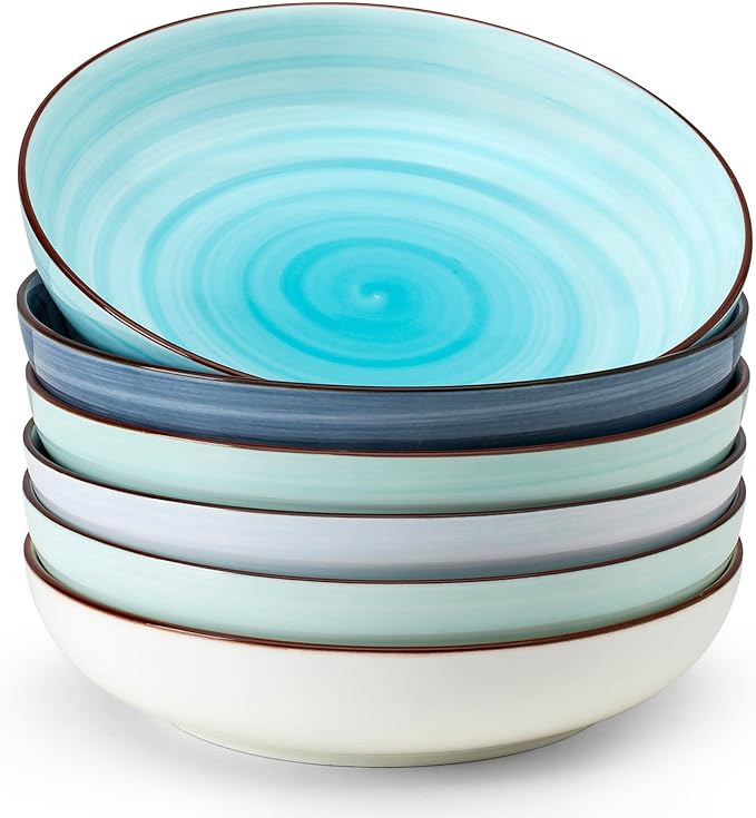 Sweese Pasta Bowls Set of 6, 30 Ounce Ceramic Salad Plates for Dishwasher & Microwave Safe - Solid Salad Bowls, Soup Bowls - Deep Plates Lipped Edges, Oven Safe Porcelain Plates Serving Bowls