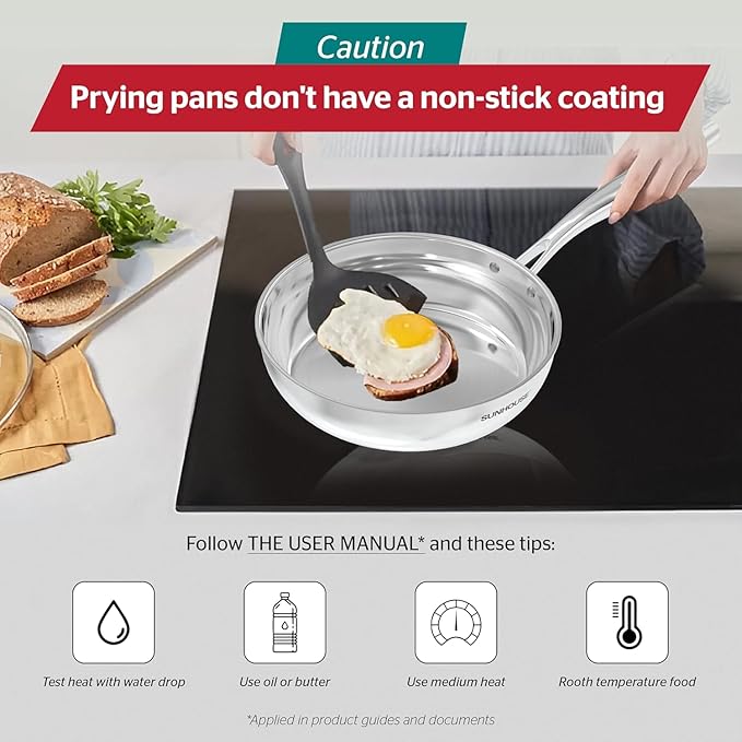 Sunhouse Tri-Ply Stainless Steel Pan, 8-Inch Frying Pan, Oven Safe Up to 500°F, Dishwasher Safe, Compatible with Induction, Electric, Gas Cooktops, Cool Handles Grip