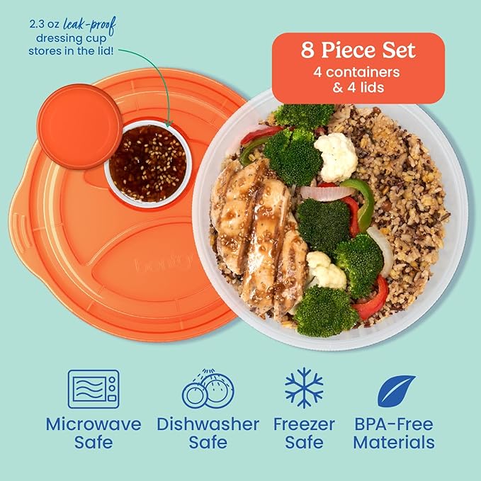 Bentgo Easyboxes Salad-to-Go Containers - 8-Piece Set: 4 Bowls, Leak-Proof Dressing Cups Built-In & 4 Fitted Lids Seal in Freshness; Reusable/BPA-Free for Salad, Pasta, & Cereal (Classic)