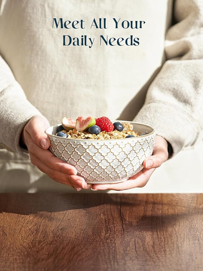 DOWAN Soup Bowls Set of 6, 26 OZ Cereal Bowls for Kitchen, 6" Ceramic Embossment Bowl for Salad, Pho, Fruits, Rice, Large Bowls Decor & Housewarming Gift, Dishwasher & Microwave Safe