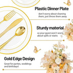 GATHER 350PCS Clear Gold Plastic Plates - Disposable Gold Dinnerware Sets Includes 100 Gold Rim Plastic Plates, 150 Silverware, 50 Napkins, 50 Cups for Party, Wedding