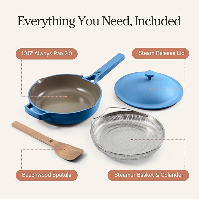Our Place Always Pan 2.0-10.5” (2.6 Qt) Nonstick, Toxin-Free Ceramic Cookware | Patented 10-in-1 Aluminum Frying & Sauté Pan | Safe for Oven, Induction & All Cooktops up to 450°F | Forget-Me-Not Blue