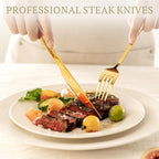 Astercook 24-Piece Gold Silverware Set with Steak Knives Flatware Set for 4 Food-Grade Stainless Steel Cutlery Set Mirror Polished Utensils Set Include Spoons and Forks for Home Kitchen Restaurant