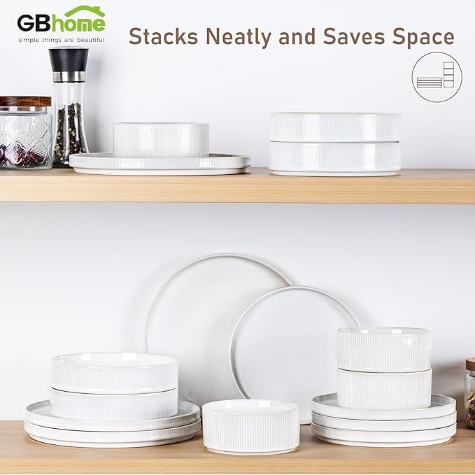 GBHOME 24-Piece Stoneware Dinnerware Set for 8 – Ribbed Ceramic Plates and Bowls, Scratch-Resistant, Microwave & Dishwasher Safe, Reactive Glaze, Sugar White