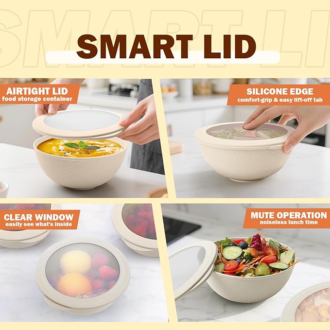 Wheat Straw Bowls Set with Lids, Unbreakable 40 OZ Large Cereal Bowls Set of 4, Salad Container for Lunch, Microwave & Dishwasher Safe Bowl Set for Kitchen, Picnic, RV, Camping, Beige