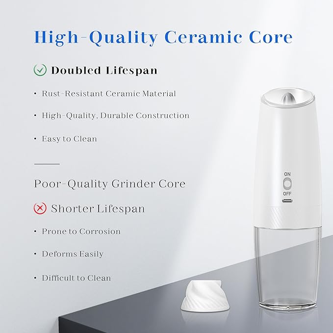 Rechargeable Electric Salt and Pepper Grinder Set, Gravity Activated, Adjustable Coarseness, LED Light, USB Charging, Ceramic Core, 150ml Transparent Hopper, Black + White