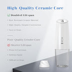 Rechargeable Electric Salt and Pepper Grinder Set, Gravity Activated, Adjustable Coarseness, LED Light, USB Charging, Ceramic Core, 150ml Transparent Hopper, Black + White