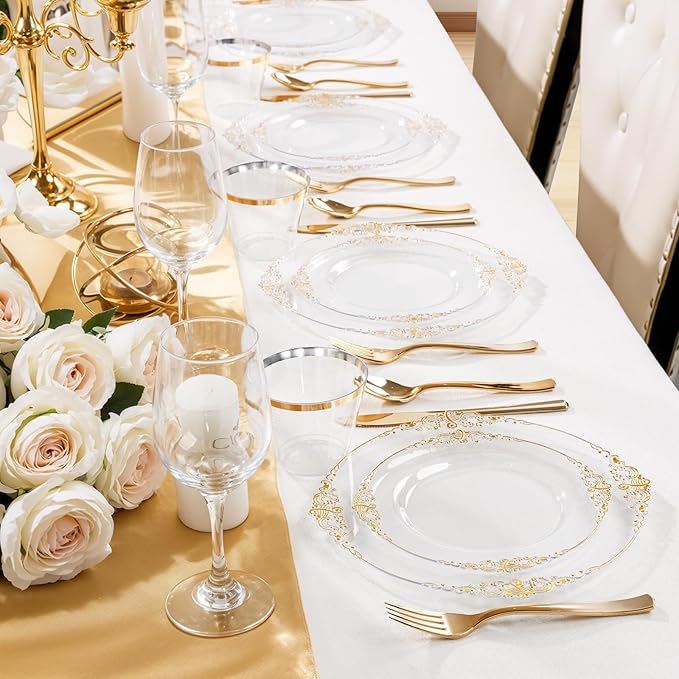 Hioasis 300pcsClear and Gold Plastic Plates - Disposable Dinnerware Set Perfect for 50 Guests include 50 Dinner Plate, 50 Dessert Plate, 50 Forks,50 Spoons, 50 Knives, 50 Cups (NO Napkins Included)