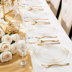 Hioasis 300pcsClear and Gold Plastic Plates - Disposable Dinnerware Set Perfect for 50 Guests include 50 Dinner Plate, 50 Dessert Plate, 50 Forks,50 Spoons, 50 Knives, 50 Cups (NO Napkins Included)