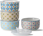 Ceramic Bowls Set with Lid: Microwave Safe Soup Containers for Meal Prep, Cereal, Salad, Picnic, Camping, Office Lunch, Kitchen Food Storage - 5 Inch, 20 oz, 4 PCS, Design C