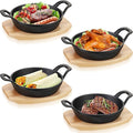 Sliner 4 Sets Mini Cast Iron Skillet Small Cast Iron Plates Skillet with Wooden Base Small Round Pan Fajita Plate Pot for Baking Cooking(3.9 Inch)