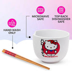 Silver Buffalo Sanrio Hello Kitty Japanese Ceramic Ramen Noodle Rice Bowl with Chopsticks, Microwave Safe, 20 Ounces