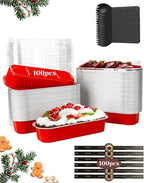 100 Pack Mini Loaf Pans with Lids and Spoons Sealing Sticker, 6.8oz Aluminum Foil Mini Cake Pans for Baking, Disposable Small Mothers Day Bread Pans with Lids – Valentines Tins CupCake, Red