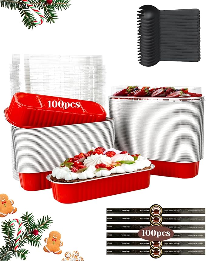 100 Pack Mini Loaf Pans with Lids and Spoons Sealing Sticker, 6.8oz Aluminum Foil Mini Cake Pans for Baking, Disposable Small Mothers Day Bread Pans with Lids – Valentines Tins CupCake, Red