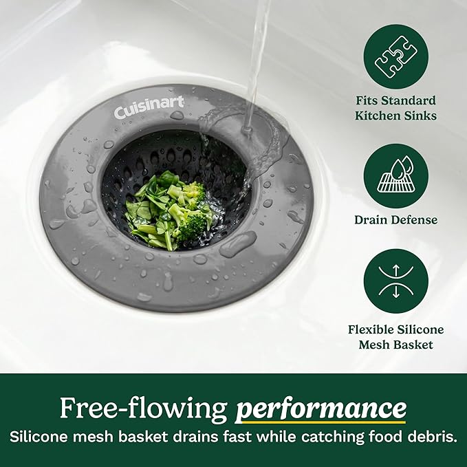 Cuisinart 2 Piece Sink Set – Sink Drain Strainer with Stainless Steel Rim & Silicone Mesh Base & Sponge Holder for Kitchen Sink, Metal Caddy with Triple Suction Cups, Daily Kitchen Essentials