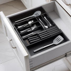9-Piece Bamboo Kitchen Drawer Organizer Set, Expandable Silverware &Utensil Organizer with Removable Knife Block & Steak Knives, Flatware Organization, Tableware Dividers Storage(Black)
