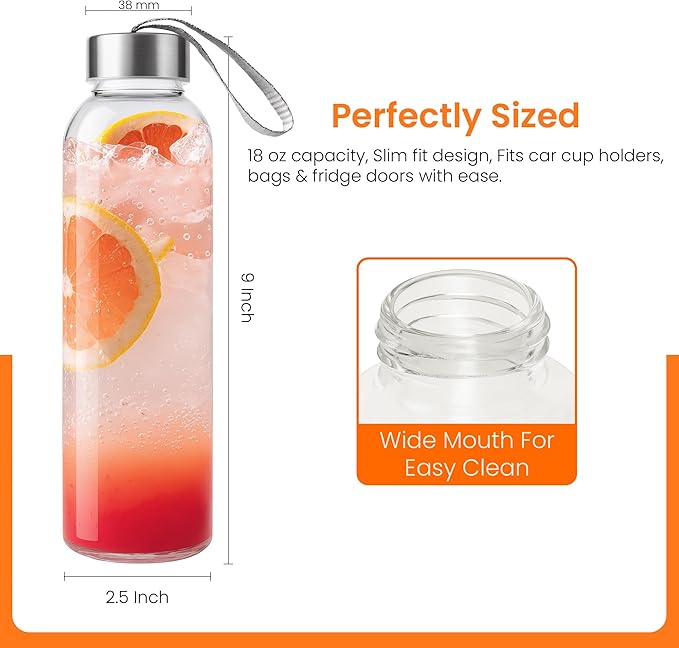 Epica glass bottles with lids – 18oz glass water bottles, reusable juice bottle with lids for storing juices, reusable water bottle durable set of 6 with Carrying Loop Caps