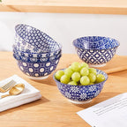 AntoKueh 6 inches Blue and White Ceramic Bowls, 23Oz Deep Cereal Porcelain Bowls set of 6, Large Soup Bowls for Salad, Fruit, Vintage
