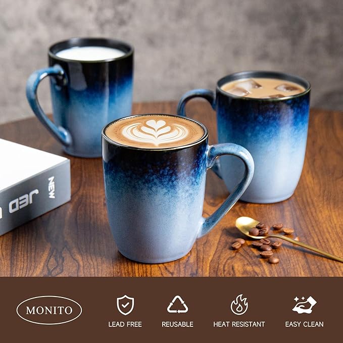 MONITO Large Ceramic Coffee Mugs Set with Handle for Tea/Latte/Cappuccino/Milk/Cocoa, Ice-Snow Blue 14oz, Set of 6, Funny Tea Cups for Office and Home