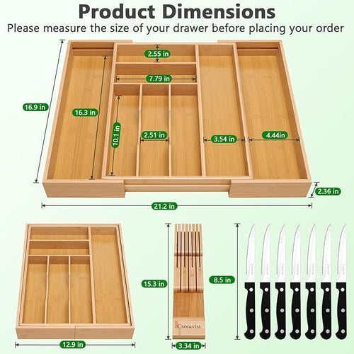9-Piece Bamboo Kitchen Drawer Organizer Set, Expandable Silverware &Utensil Organizer with Removable Knife Block & Steak Knives, Flatware Organization, Tableware Dividers Storage(Natural)