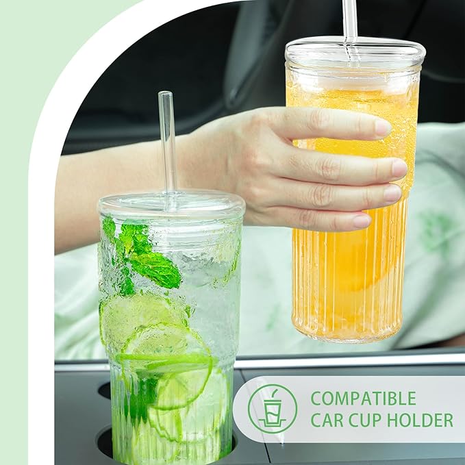 Luiaiog Glass Cups with Lids and Glass Straws, High Borosilicate 20OZ Tumblers (2Pcs) for Coffee, Tea, Juice, Smoothies, Hot/Cold Drinks at Home, Office