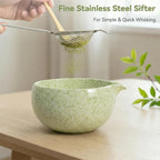 Matcha Whisk Set- 7 Piece Complete Japanes Matcha Set with Ceramic Matcha Bowl (Chawan), Bamboo Whisk (Chasen), Sifter, Whisk Holder, Macha Scoop(Chashaku) & Accessories - Green
