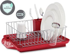 Farberware Classic Large Rust Resistant Full Dishrack with Removable 3 Compartment Flatware Caddy, Andlged Drain Board, 3-Piece, Red
