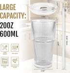20oz Iced Coffee Cups with Lids,Coffee Bar Accessories, 2 Piece Ribbed Glass Cups with Lids and Straws, Vintage Glass Tumbler with Straw, Thicked Wall Drinking Glasses Ideal for Coffee