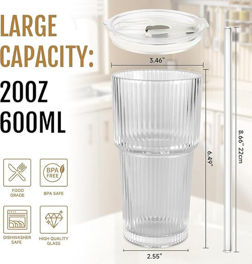 20oz Iced Coffee Cups with Lids,Coffee Bar Accessories, 2 Piece Ribbed Glass Cups with Lids and Straws, Vintage Glass Tumbler with Straw, Thicked Wall Drinking Glasses Ideal for Coffee