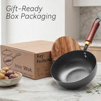 Carbon Steel Wok Pan with Wooden Lid, 7.8-Inch (1.6QT) Small Wok, Cold-Forged Flat Bottom Stir Fry Pan, Coating-Free, Induction Ready, for Eggs, Ramen, Soup & Oatmeal