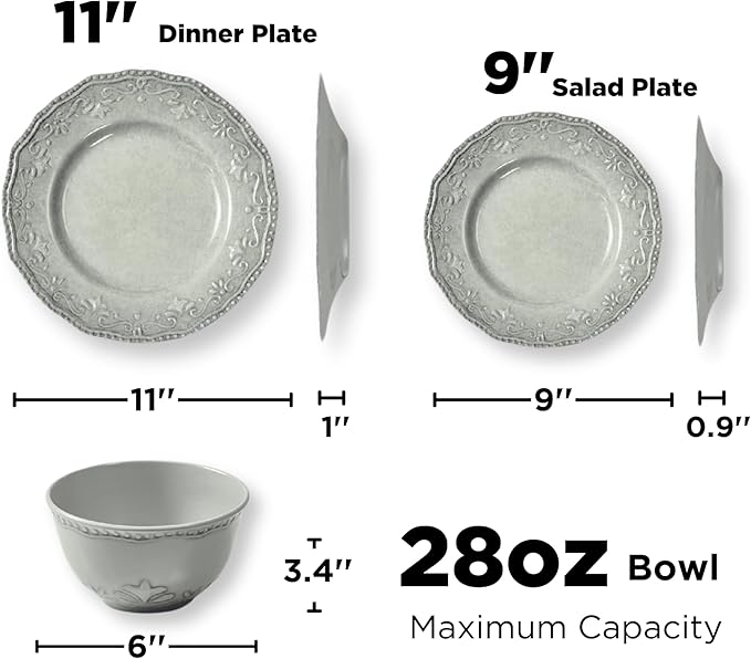 TP 12-Piece Melamine Dinnerware Sets, Plates and Bowls Dishes Set for 4, Break-Resistant & Non-Microwavable, Lightweight Dinner Plates, Relief Grey