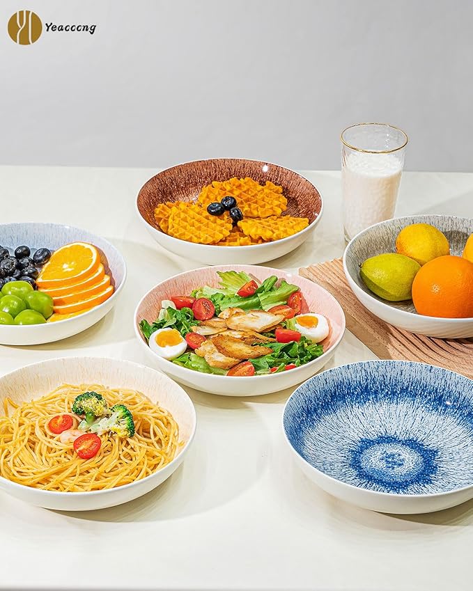 Yeacccng Pasta Bowls Set of 6, 8.7 Inch 39 Oz Colorful Reactive Glaze Ceramic Bowls, Modern Farmhouse Style, Lead-Free Cadmium-Free, Dishwasher Microwave Oven Safe, Scratch-Resistan (Blue)