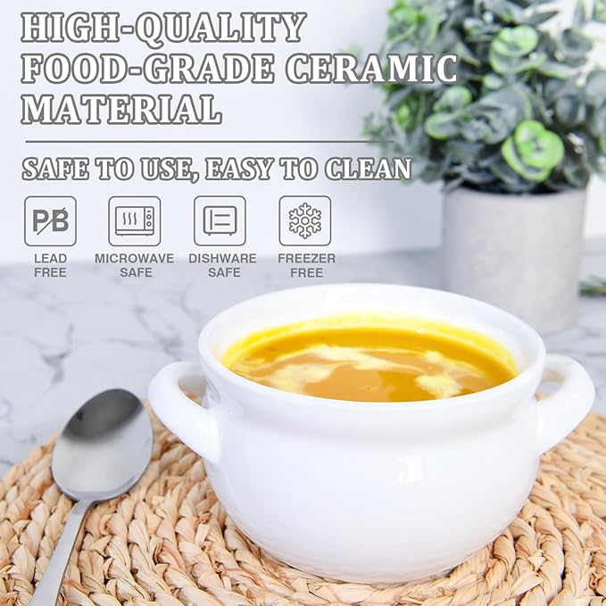 Vumdua Soup Bowls with Handles, 16 Oz Ceramic French Onion Soup Bowls - Stackable Oven Safe Bowls Serving Soup Crocks for Soup, Cereal, Chilli, Pot Pies, Set of 4, White