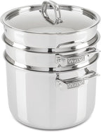Viking 3-Ply Stainless Steel Pasta Pot with Lid, 8 Quart, 4 Piece Multipot Kitchen Cookware, Includes Pasta Insert and Steamer Basket, Dishwasher and Oven Safe, Induction Ready, Silver