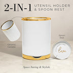 8 Piece White and Gold Kitchen Utensils – White Silicone Cooking Utensils Set, Ceramic Utensil Holder & Stackable Gold Spoon Rest –Nonstick, Non-Toxic, Heat Resistant, Luxury Kitchen Accessories