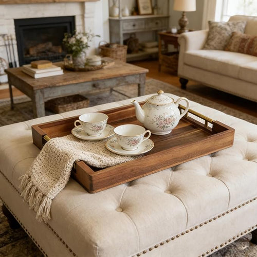 Acacia Wood Serving Tray with Golden Handles, 17 Inch Wooden Tray for Ottoman, Breakfast, Lunch, Dinner, Decorative Rectangular Tray for Living Room, Kitchen Counter, Outdoor