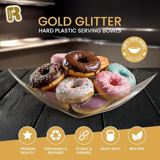 R-kay 6 Pack Plastic Serving Bowls - 64 OZ Gold Glitter Bowls - Salad Bowls Large Serving - Premium Heavy Duty For Weddings Catering And Birthday parties