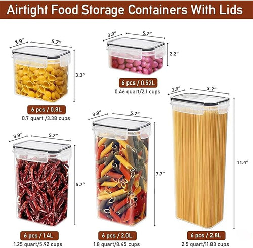 Airtight Food Storage Containers Set with Lids - 30 pack, BPA Free Plastic Kitchen and Pantry Organization, Plastic Leak-proof Canisters for Cereal Flour & Sugar - Labels & Marker