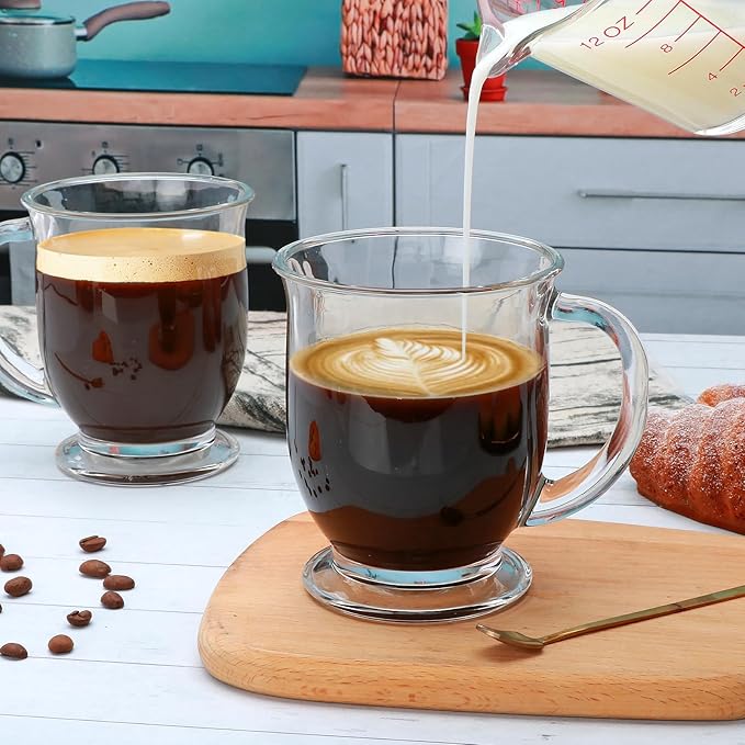 Set of 4 Clear Glass Coffee Mugs,16 OZ Large Beer Cups,Diner Coffee Cup with Handle for Hot Beverages,Tea, Cappuccino, Latte, Espresso, Juice Mothers Men and Women Gifts