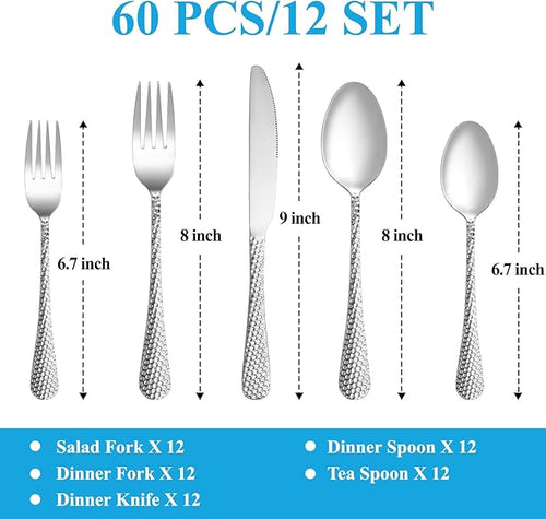 60 Pcs Hammered Silverware Set Service for 12,Stainless Steel Flatware Set,Mirror Polished Cutlery Utensil Set,Durable Home Kitchen Eating Tableware Set,Include Fork Knife Spoon Set,Dishwasher Safe