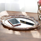 Zosenley Polyresin Ellipse Antique Decorative Mirror Tray, Makeup Organizer, Jewelry Organizer, Serving Tray, 9.8”x 14.6”, Golden Gray