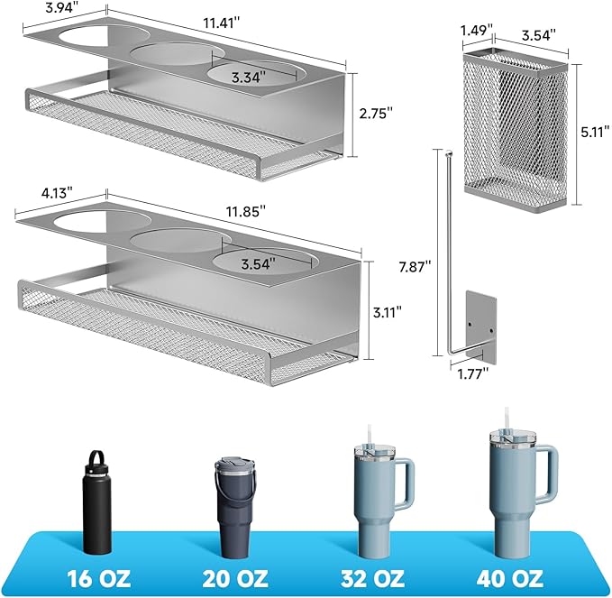 VITVITI 4 Pack Magnetic Cup Holder for Fridge, 40 OZ Metal Tumbler Holder for Stanley Cup, Magnetic Water Bottle Organizer with Lid Straw Holder Set Heavy Duty (Silver)
