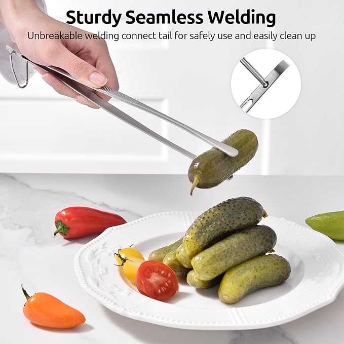 U-Taste 10" Kitchen Cooking Tweezer Set: 18/8 Stainless Steel Food-Grade Metal Food Tong, Seamless-Welding, Flexible and Non-Slip for Pasta Salad Meat Serving, Baking, Frying (Round & Pointed Tip)