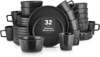 Stone Lain Celina Stoneware 32 Piece Modern Dinnerware Set, Plates and Bowls, Black Matte, Service for 8, Microwave & Dishwasher Safe