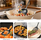 304 Stainless Steel Cooking Utensils Set,9PCS Metal Kitchen Utensils Set with Wooden Handle,Solid Spoon,Spatula,Ladle,Skimmer,Spaghetti Spoon,Dishwasher Safe(Black)