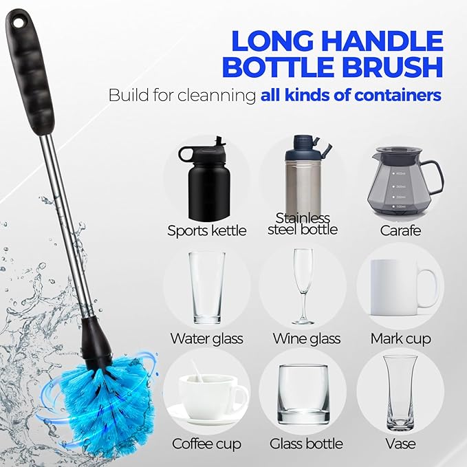 Holikme 6 Pack Brush Set, 14" Long Handle Stainless Steel Cleaner, 3 Straw Brushes, 4-in-1 Cleaning Brush for Water and Baby Bottles, Straws - Aqua