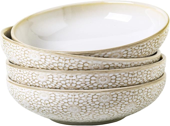 8" Ceramic Pasta Bowls, 22 Oz Serving Bowls Set of 4, Porcelain Shallow Soup Bowl, Embossed Serving Dishes for Pasta, Fruit, Salad, Housewarming Gift, Dishwasher Safe