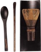 BambooMN Matcha Whisk Set - Chasen (Tea Whisk), Chashaku (Hooked Bamboo Scoop), Tea Spoon - Black