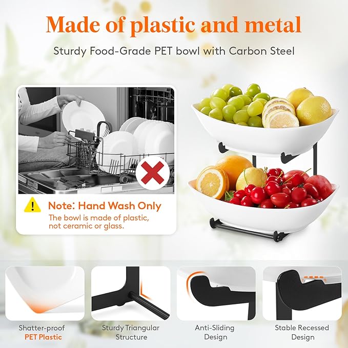 Lifewit Plastic Fruit Bowl for Kitchen Counter, 2 Tier Fruit Basket with Gold Metal Stand, Tiered Fruit Holder for Countertop Serving Tray for Vegetable/Dessert in Party 28 x 21 x 23cm/11 x 8.4 x 9