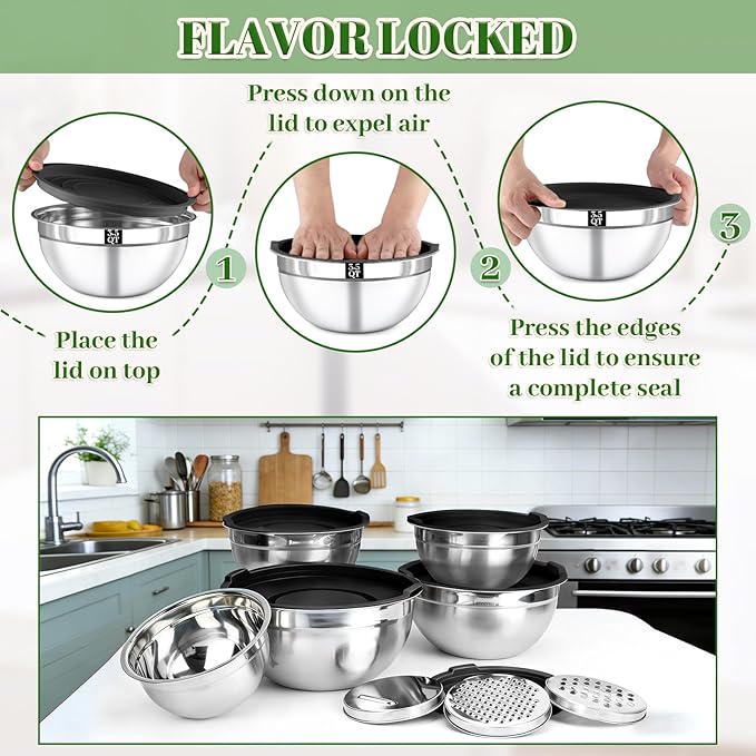Mixing Bowls with Lids Set - 5 Nesting Mixing Bowls, 3 Grater Attachments, Airtight Lids, Stainless Steel Mixing Bowls for Mixing & Serving, Size 1.5/2.1/3.5/4/4.5 QT, Black